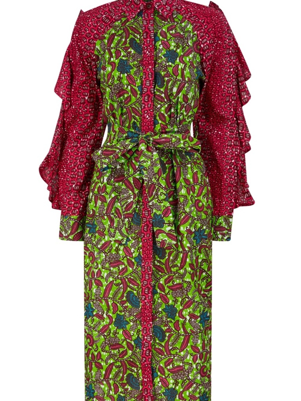 Ohema Ohene Vibrant Green & Pink Printed Shirt Dress with Tie Waist